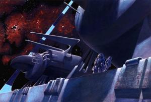 Ships: This image was painted by Paul Marquis, a science fiction artist, who has his own website at www.pmarq.com. This picture represents the scene in The Ringworld Engineers where Chmeee and Louis investigate the enormous spacecraft parked at the spacep