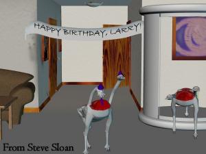 Creatures: Steve Sloan sent the above picture into the website for Larry's 64th birthday. It depicts the classic scene in Ringworld where Nessus The Puppeteer shows up at Louis' 200th birthday party.