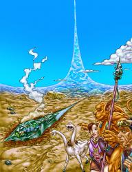 Ships: This image by Tom Gordon depicts the scene where the crew leave the wreckage of the Lying Bastard and venture out onto the Ringworld for the first time. On the right are Nessus, Teela Brown, Speaker-to-Animals and Louis Wu.