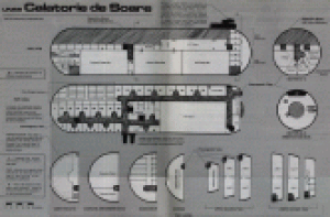 Creatures: Blueprints for the Calatorie de Soare, a starship based on the General Products No. 3 hull (from the Ringworld Companion, pp 40-41).