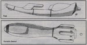 Weapons. Top is a rifle-sized human-built tasp; bottom is a variable sword.